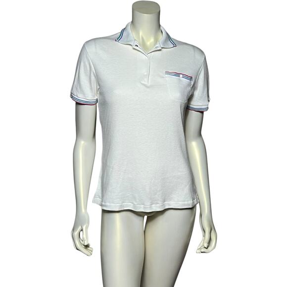 Levi's White Tennis Polo Shirt Rainbow Striped Trim Retro 70s Sport Casual - Picture 1 of 7